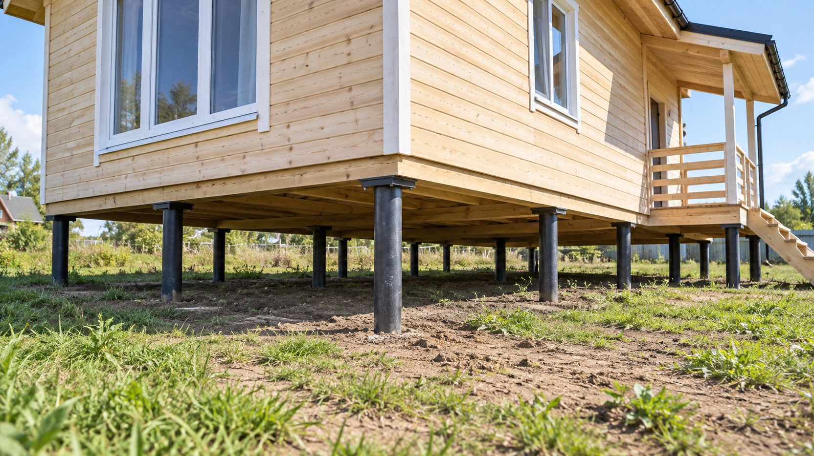 Дом на свайном фундаменте до установки забирки, открытое пространство между сваями