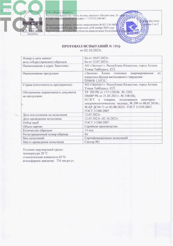 Протокол испытаний №1804 от 02.10.2023г.