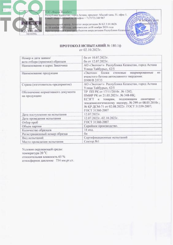 Протокол испытаний №180.1ф от 02.10.2023г.